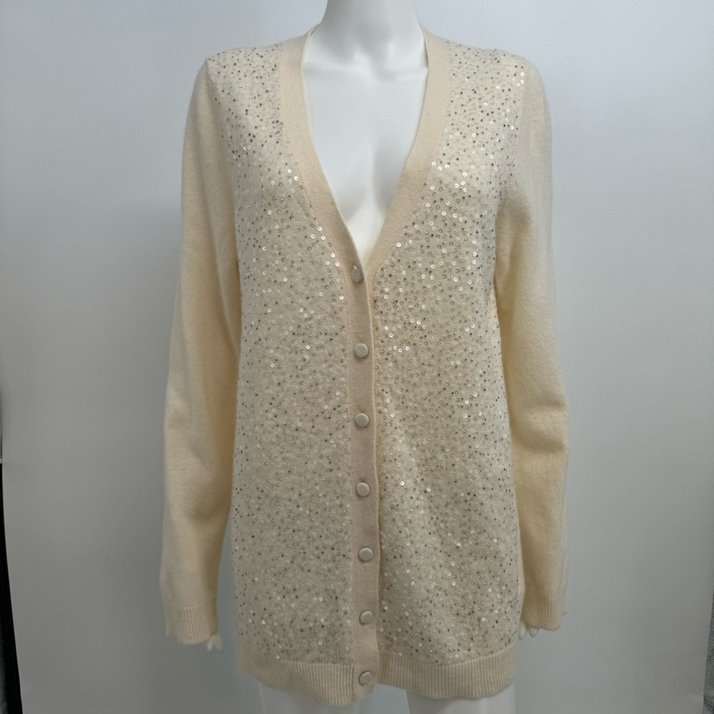Talbots Cardigan Women’s L Cream Lambswool Rabbit Hair Angora Sequin Button Up